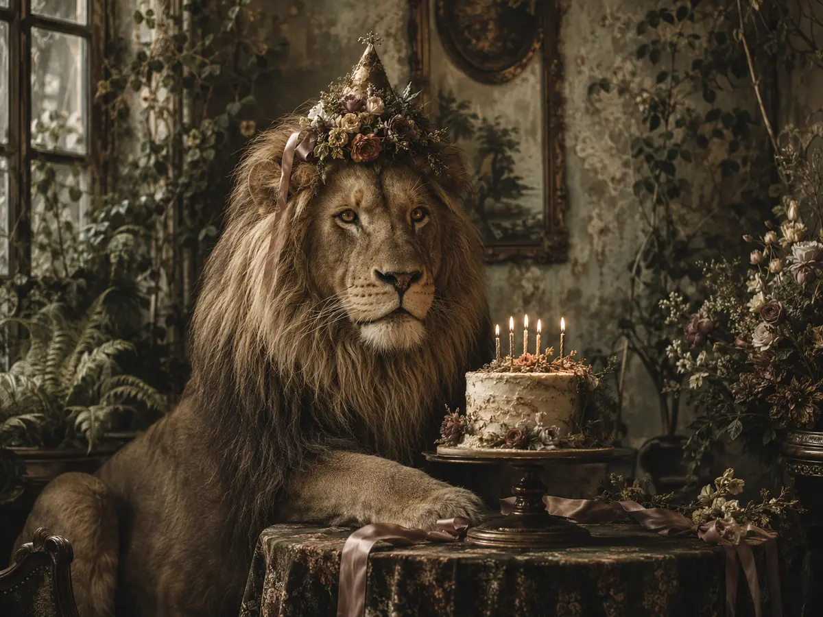 Whimsical lion at an elegant botanical birthday celebration
